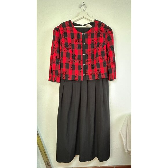 Vintage Lady Dorothy Womens Red Black Plaid Pleated Maxi Dress Size 24W Tie-Back - Picture 1 of 11